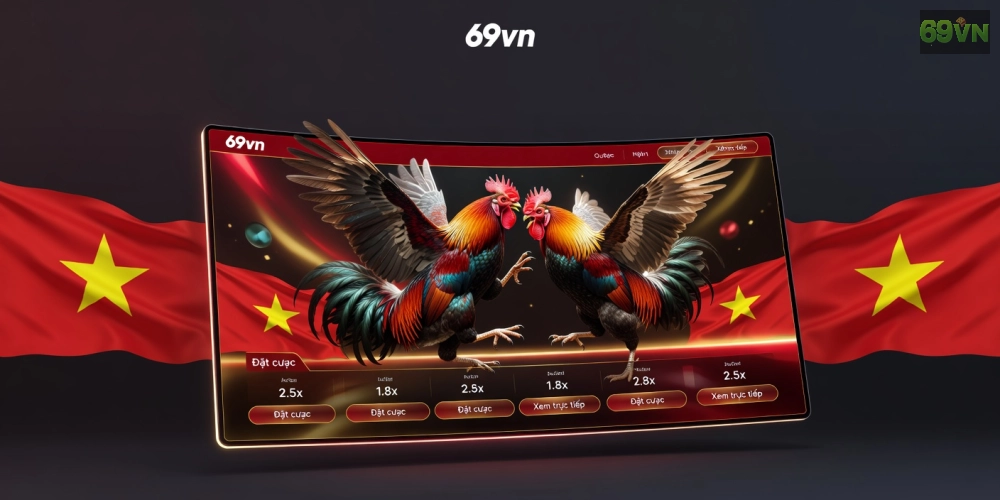 Hình minh họa khái niệm đá gà trực tuyến 69vn với giao diện hiện đại và gà chọi sống động
