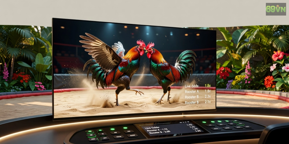 Hình ảnh minh họa khái niệm đá gà casino trực tiếp với giao diện hiện đại và trận đấu sống động