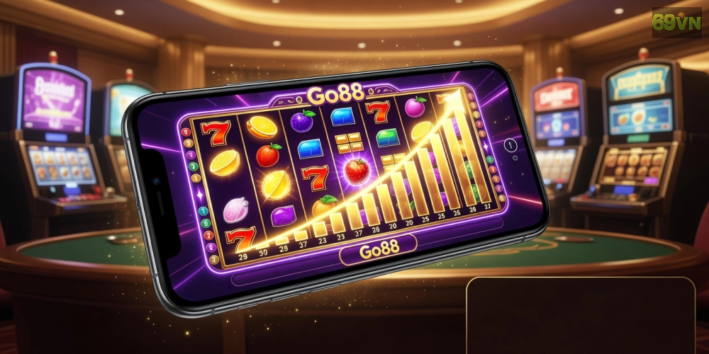 Giao diện quay nổ hũ tại Go88 với các biểu tượng jackpot sáng rực và người chơi thắng lớn