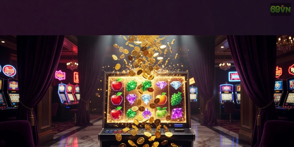 Khái niệm nổ hũ vip 69vn được minh họa qua các biểu tượng jackpot hấp dẫn và giao diện sòng bạc hiện đại