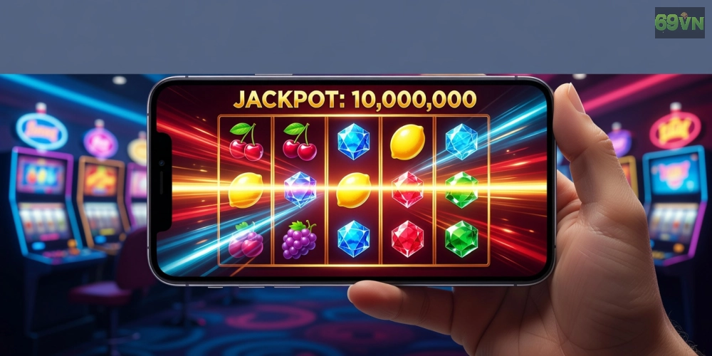 Minh họa khái niệm quay nổ hũ 69vn với giao diện game hiện đại và jackpot hấp dẫn
