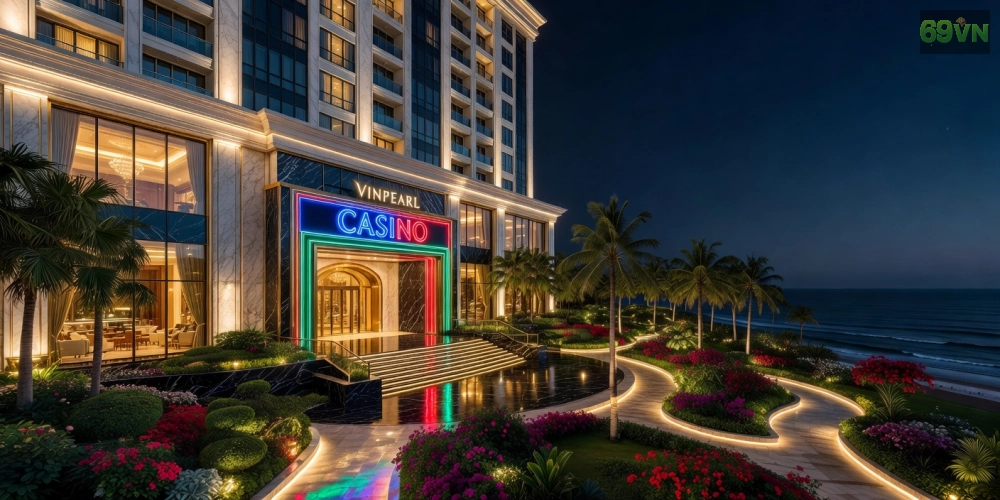 Hình ảnh mặt tiền khu nghỉ dưỡng Vinpearl Casino Phú Quốc lung linh về đêm